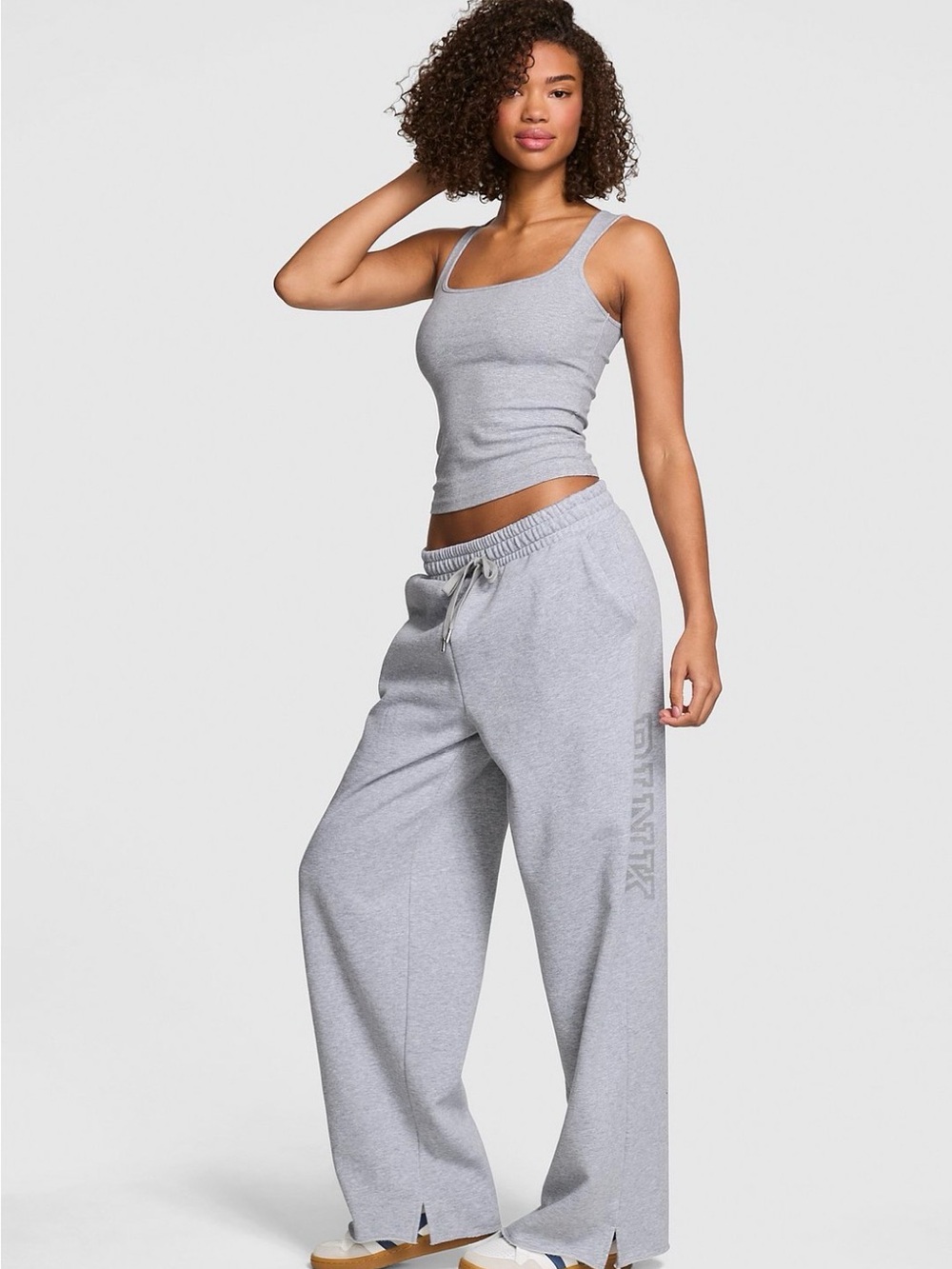 Pink campus fleece wide leg split hem sweatpants
